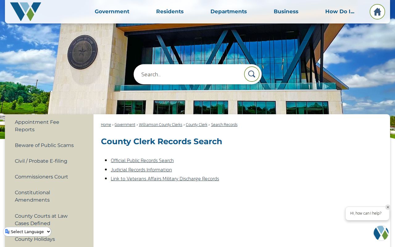 Williamson County residents directory County Clerk records search page