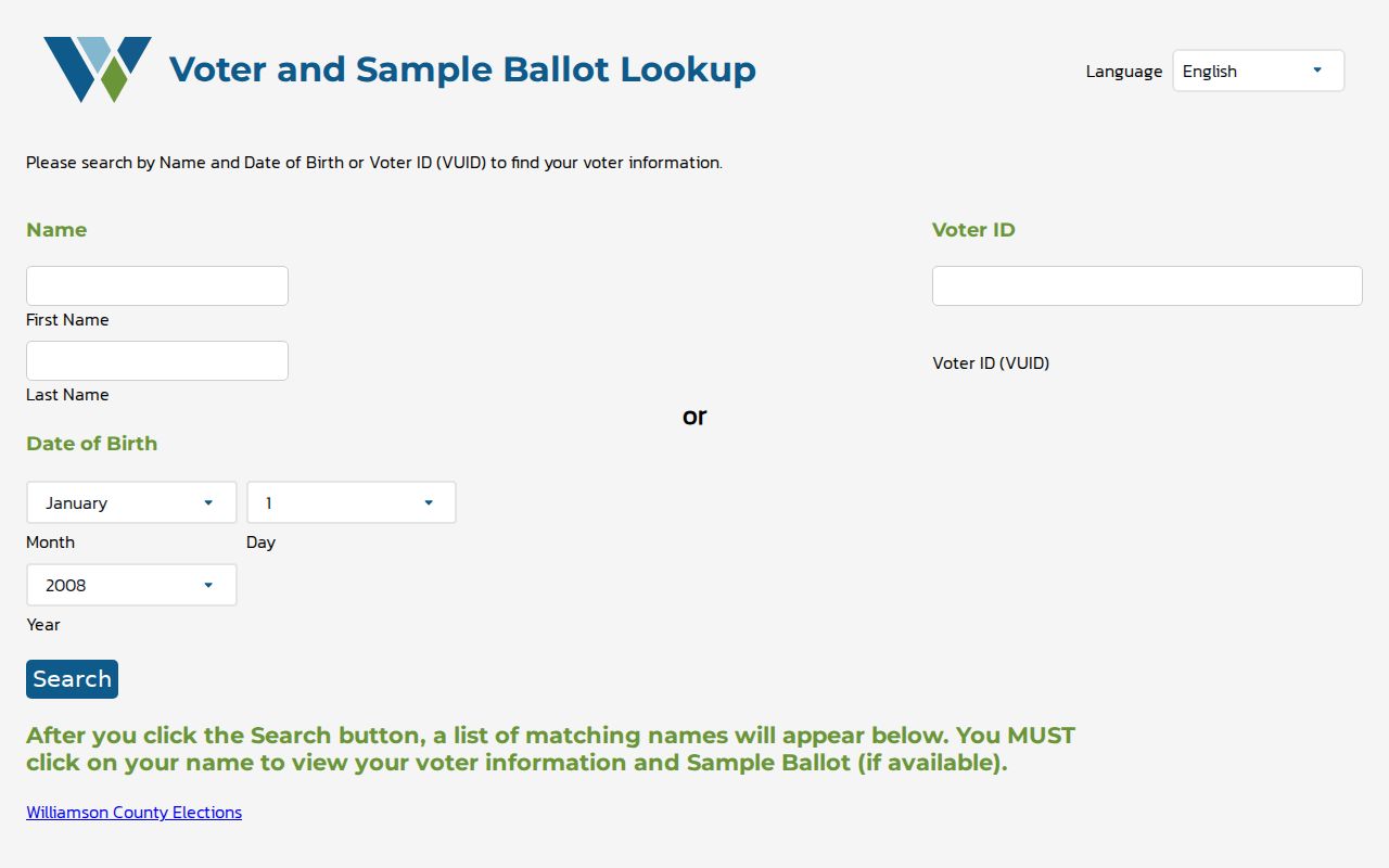 Williamson County residents directory voter lookup application screen