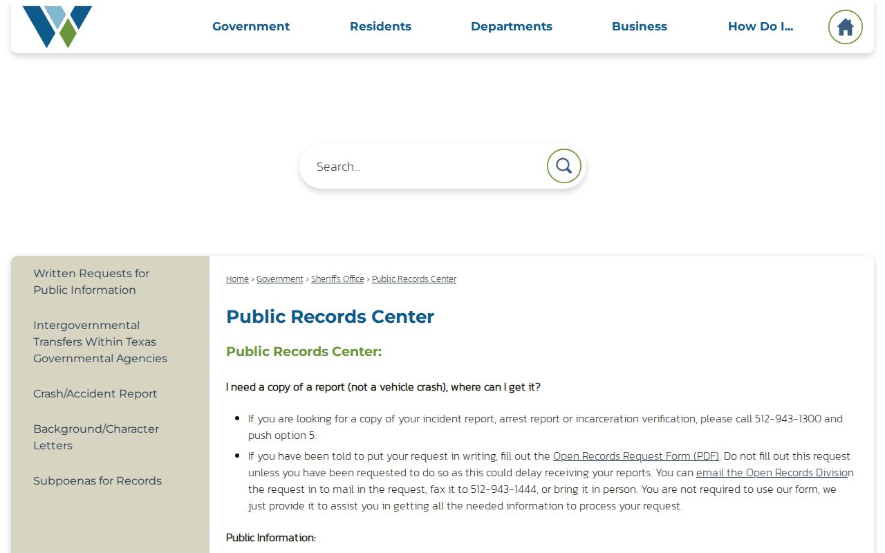 Williamson County neighbors Public Records Center request channels