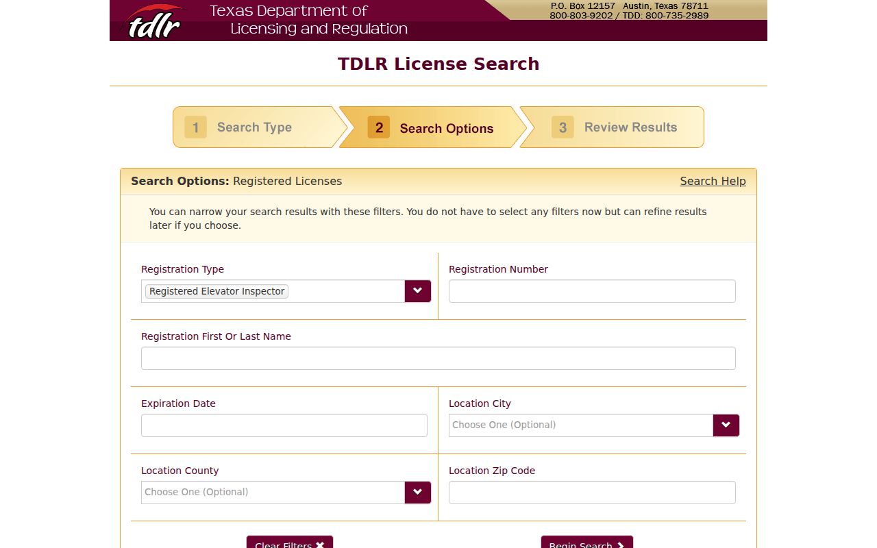 Williamson County resident lookup Texas TDLR license search filters