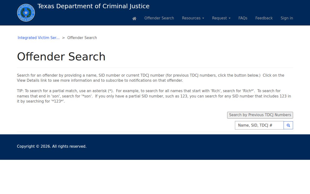 Williamson County resident lookup Texas TDCJ public search fields