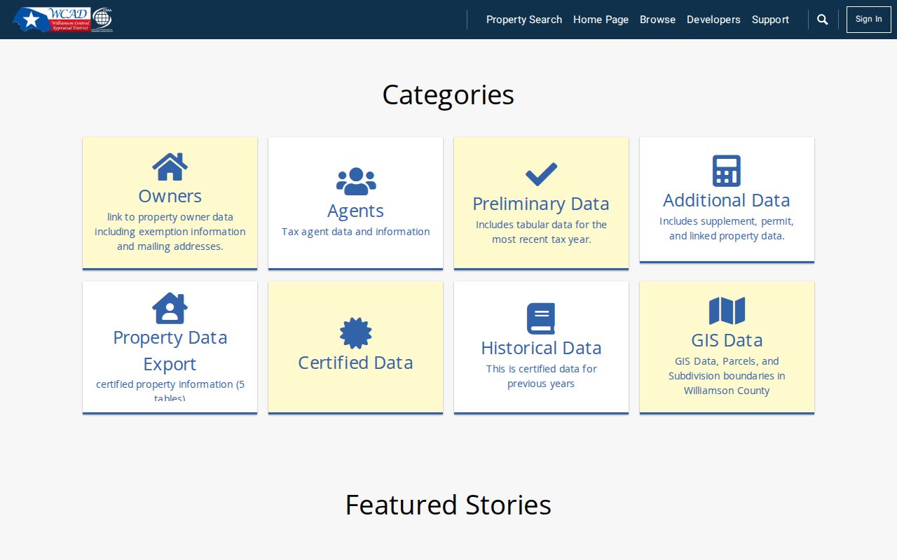Williamson County street directory WCAD open data parcel categories