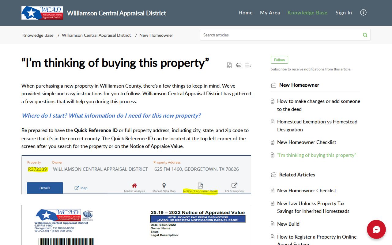 Williamson County street directory WCAD Quick Reference ID guidance