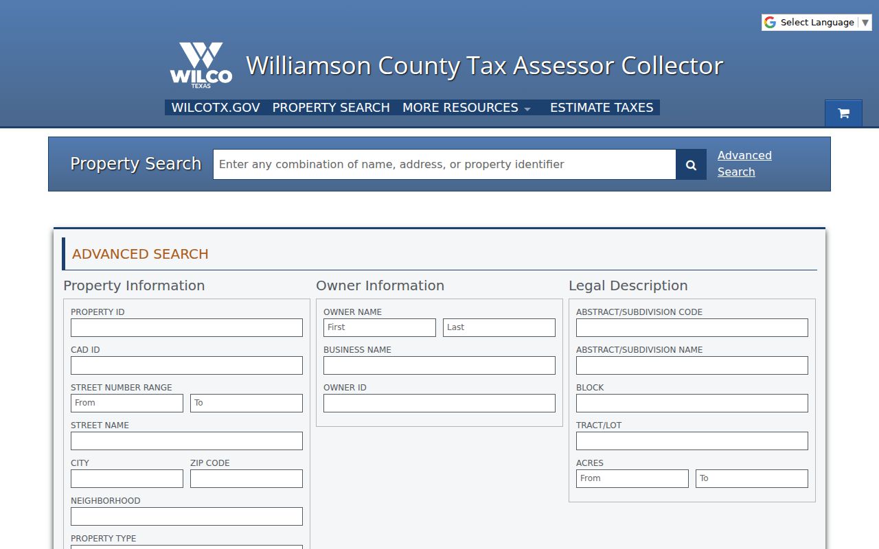 Williamson County ZIP code directory tax advanced search with ZIP fields